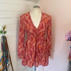 Free People Rose, Pink and Orange Floral Mini Dress, Size Small